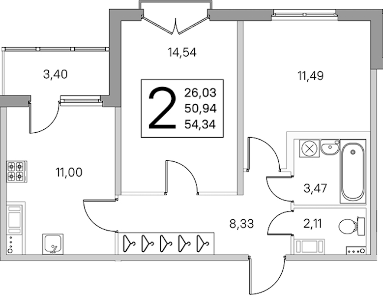 2-комнатная квартира 52.64 м², 4/4 эт., ЖК «Любоград в Стрельне»